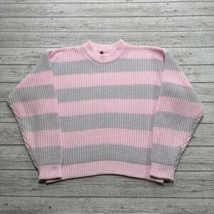 Vintage Canadian Raglan Sweater Women's Large Pink Gray Striped Knit Pullover